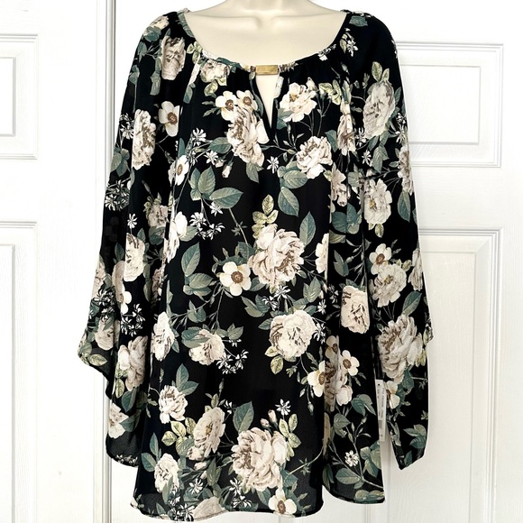 Zac & Rachel Tops - Zac & Rachel Woman Blouse Flowers Black Ivory Roses Long Sleeve NWT